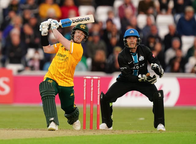 Notts Outlaws’ Tom Moores, left, in action during the Vitality Blast T20 north group match against Worcestershire Rapids  at Trent Bridge