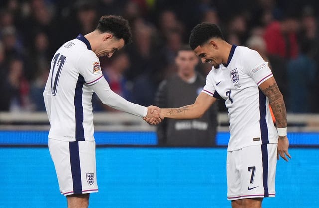 England’s Curtis Jones (left) celebrates with team-mate Morgan Gibbs-White after scoring against Greece