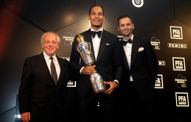 Gordon Taylor, left, with PFA Player of the Year for 2019 Virgil Van Dijk, centre, and PFA chairman Ben Purkiss, right