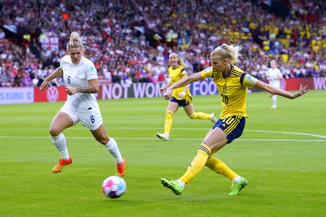 Millie Bright, left, was susceptible to balls in behind during the early stages against Sweden