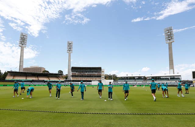General view as Australia warm up during a nets session at the WACA in Perth, Australia.