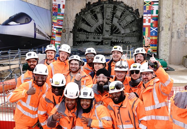Workers pose for photos after digging machine Florence completed HS2’s longest tunnel