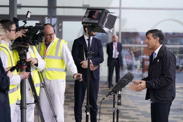Prime Minister Rishi Sunak doing media interviews during a visit to BAe Systems Submarines in Barrow-in-Furness, in Cumbria 