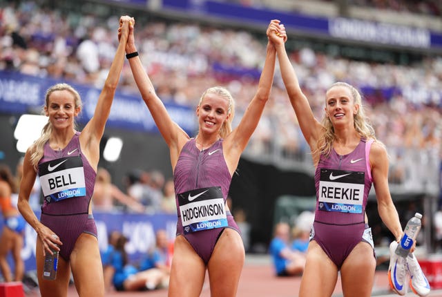 Keely Hodgkinson, Jemma Reekie and Georgia Bell hold raised hands in celebration of their 1-2-3 finish at the London Athletics Meet 