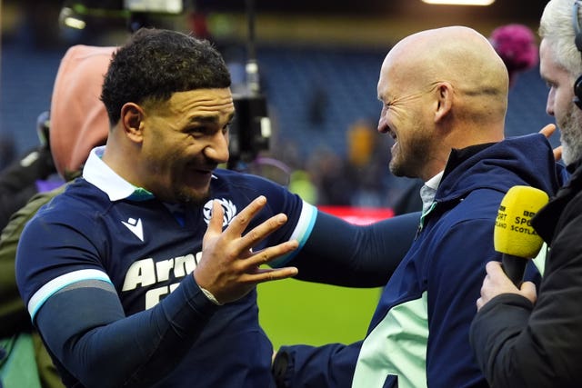 Scotland's Sione Tuipulotu, left, and head coach Gregor Townsend celebrate after November's win over Australia