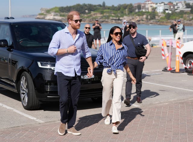 The Duke and Duchess of Sussex arrive to meet volunteer first responders from Bondi Surf Bathers’ Life Saving Club