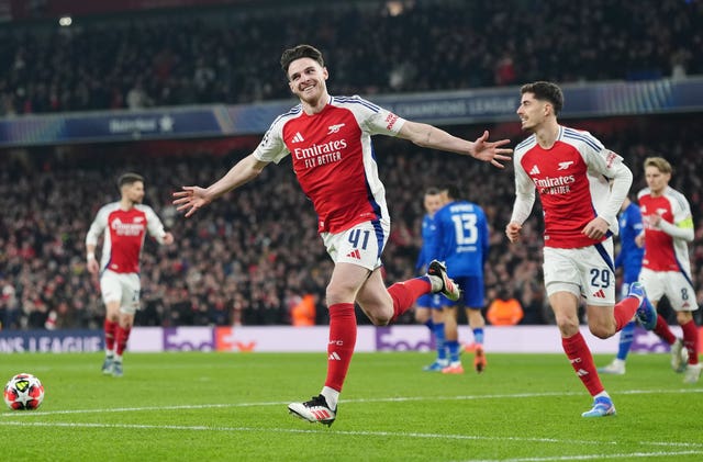Arsenal’s Declan Rice celebrates scoring against Dinamo Zagreb