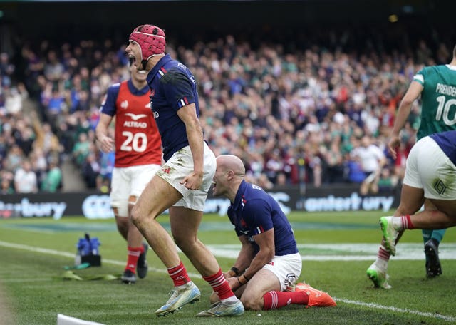 France’s Louis Bielle-Biarrey celebrates scoring his side’s third try,