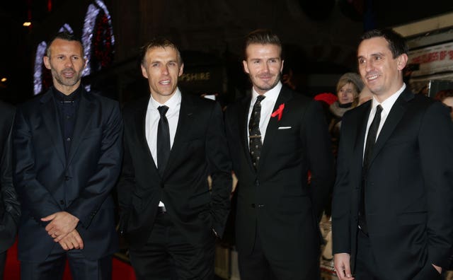 Ryan Giggs, Phil Neville, David Beckham and Gary Neville arriving for the World premiere of documentary film The Class of 92