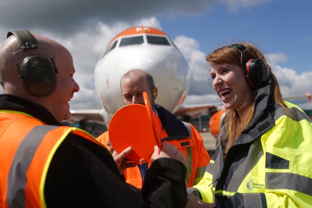 Angela Rayner with ground crew at Stansted Airport