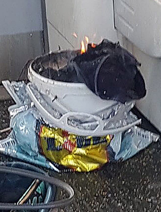 The home-made device that exploded on the Parsons Green Tube on September 15 last year (Sylvain Pennec/PA)