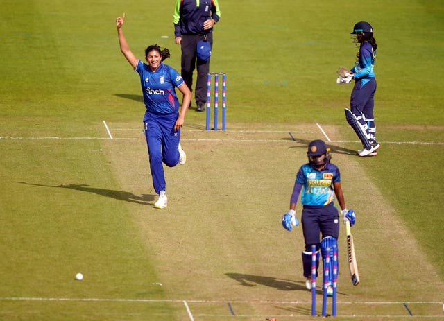 England’s Mahika Gaur celebrates bowling Sri Lanka’s Anushka Sanjeewani (Owen Humphrreys/PA)