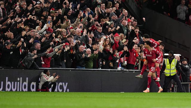 Liverpool’s Hugo Ekitike celebrates with Curtis Jones after scoring their second goal against Brighton