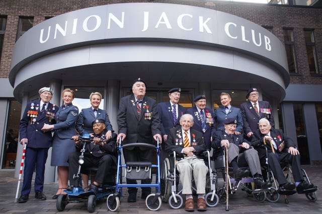 From left, D-Day and Normandy veterans (left to right) Alec Penstone, 98, Gilbert Clarke, 98, Richard Aldred, 99, Henry Rice, 98, Donald Howkins, 103, Mervyn Kersh, 98, Stan Ford, 98, Ken Hay, 98, and John Dennett, 99, with the D-Day Darlings at the D-Day 80 launch event organised by the Spirit of Normandy Trust 
