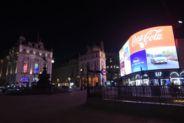 A deserted Piccadilly Circus on Tuesday evenin