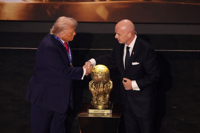 Donald Trump and Gianni Infantino pictured at the 2026 World Cup finals draw in Washington DC on December 5, 2025