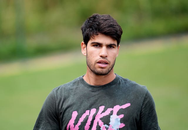 Carlos Alcaraz during a practice session on day eight of the 2025 Wimbledon Championships