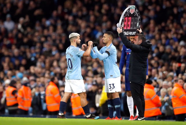 Manchester City forward Sergio Aguero (left) could come up against his team-mate Gabriel Jesus (right)