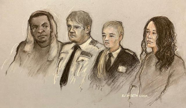 Court artist sketch of Mark Gordon, with a grey jumper over his head, and Constance Marten appearing at Crawley Magistrates Court 