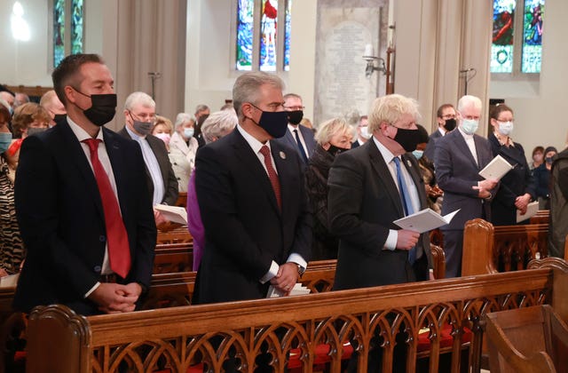First Minister of Northern Ireland Paul Givan, Secretary of State for Northern Ireland Brandon Lewis and Prime Minister Boris Johnson attending a service to mark the centenary of Northern Ireland at St Patrick’s Cathedral in Armagh 