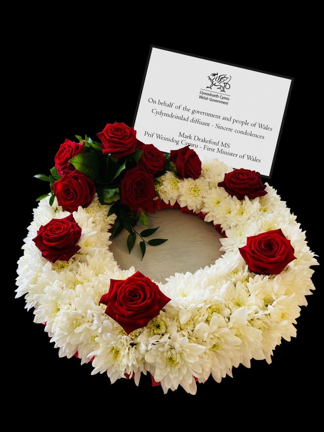A flower wreath sent, by First Minister of Wales Mark Drakeford on behalf of the government and people of Wales, to the Duke of Edinburgh’s funeral service 