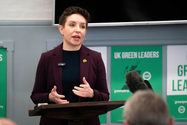 Co-leader of the Green Party of England and Wales, Carla Denyer, speaks to the media during a press conference in central, London 
