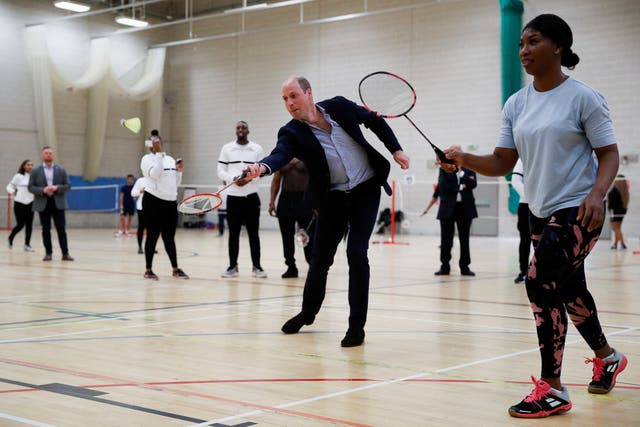 The Duke of Cambridge plays badminton during a visit to Sports Key (Peter Nicholls/PA)