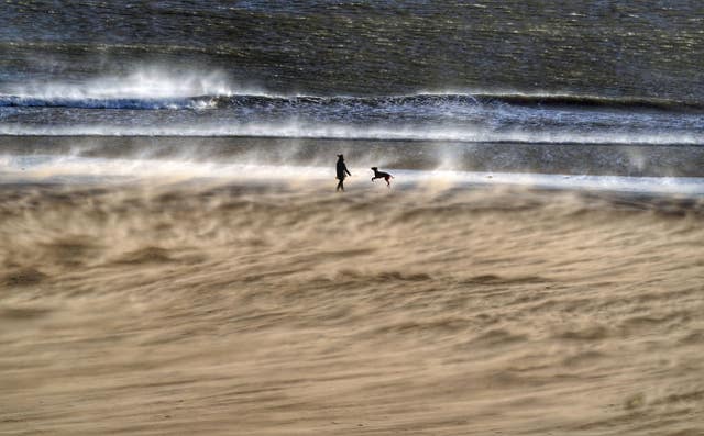 Strong winds on Tynemouth Beach in North Tyneside before Storm Dudley hits the north of England/southern Scotland from Wednesday night into Thursday morning, closely followed by Storm Eunice, which will bring strong winds and the possibility of snow on Friday
