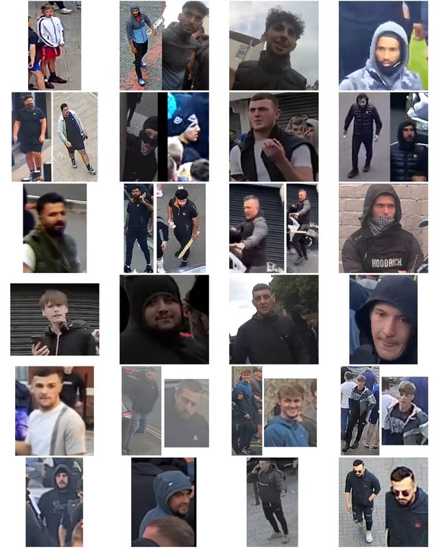 A composite of 24 unidentified suspects involved in the disorder in Southport in 2024 that the police are appealing for help with identifying 