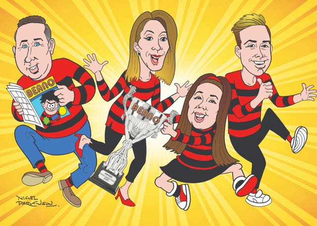 Undated handout illustration by Nigel Parkinson, issued by Beano Studios, of (left to right) father Scott Miller, mum Katrina Miller, daughter Lola Miller, 13 and son Devon Miller, 17, from Ipswich, appearing in Beano’s comic strip Dennis and Gnasher after being crowned Britain’s Funniest Family in a contest run by Beano and voted for by the public