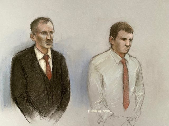 Court artist sketch by Elizabeth Cook of Daniel Graham and Adam Carruthers appearing in the dock at Newcastle Magistrates’ Court