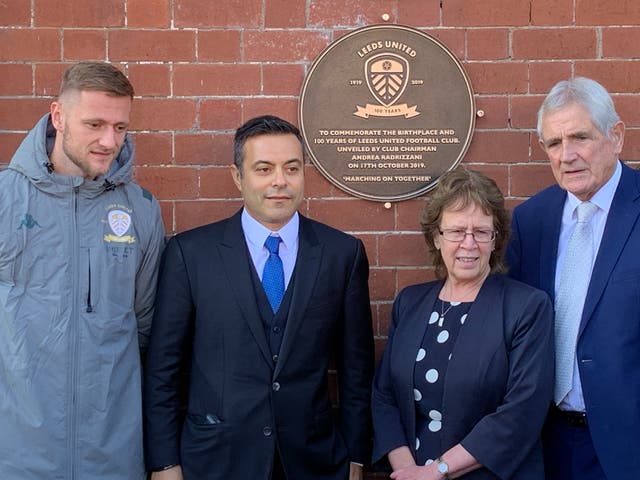 (From left to right) Leeds captain Liam Cooper, Leeds chairman Andrea Radrizzani, the leader of Leeds City Council Cllr Judith Blake and former Leeds defender Norman Hunter during the 100 years plaque unveiling at Salem Chapel, Leeds 