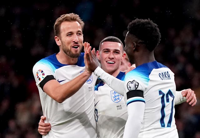 England's Harry Kane (left) celebrates with team-mates