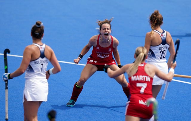 Great Britain's Fiona Crackles celebrates scoring the opening goal during her side's 4-2 FIH Hockey Pro League victory over USA 