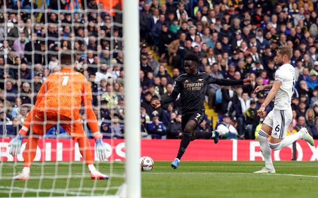 Arsenal’s Bukayo Saka scores their winner at Leeds