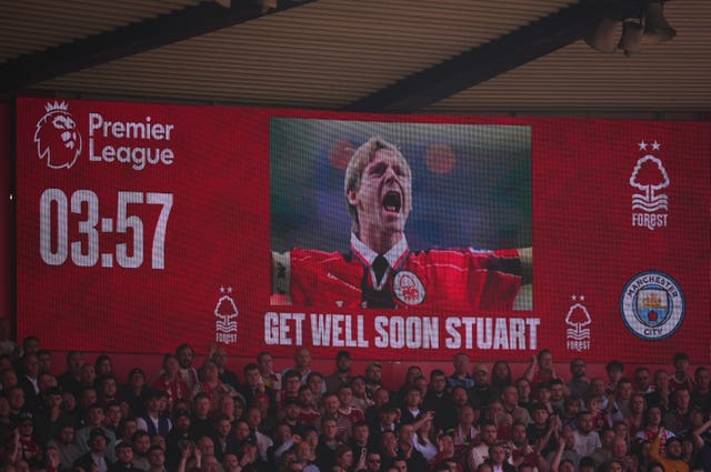 The big screen at Nottingham Forest displays a get well soon message to Stuart Pearce