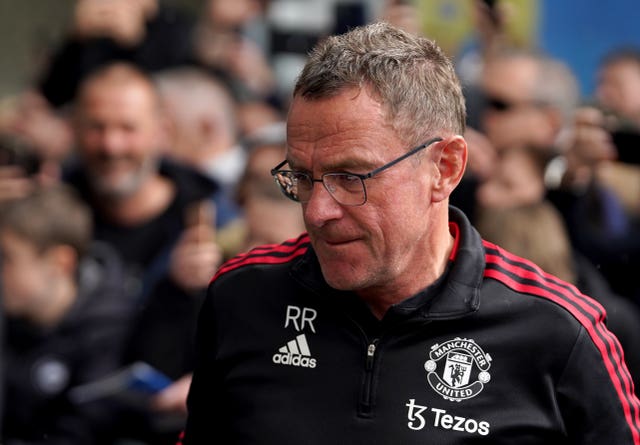 Former Manchester United interim manager Ralf Rangnick looks down as he walks on the touchline