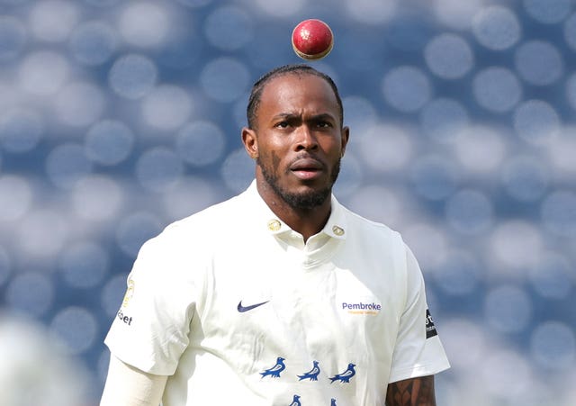 Jofra Archer eyes the ball during a comeback game for Sussex.