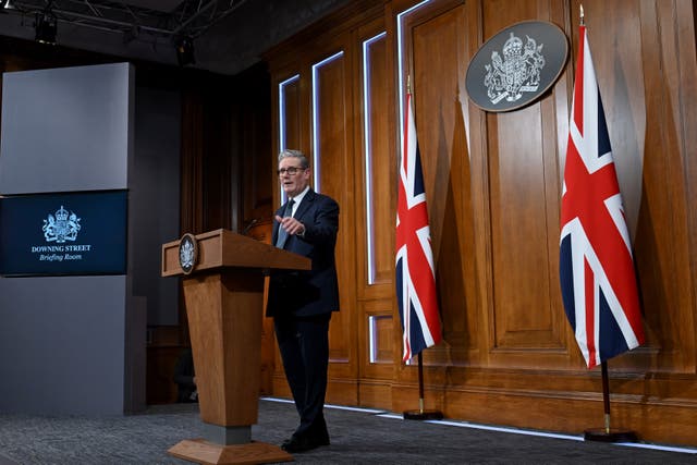 Prime Minister Sir Keir Starmer speaking during a press conference to give an update on the latest situation in the Middle East, in the Downing Street Briefing Room in London