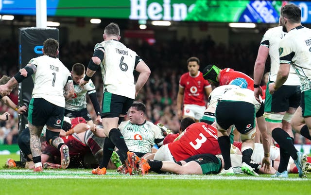 Wales’ Jac Morgan scores their side’s first try against Ireland