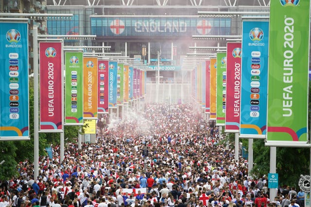 England fans along Wembley Way ahead of the UEFA Euro 2020 Final (Zac Goodwin/PA)
