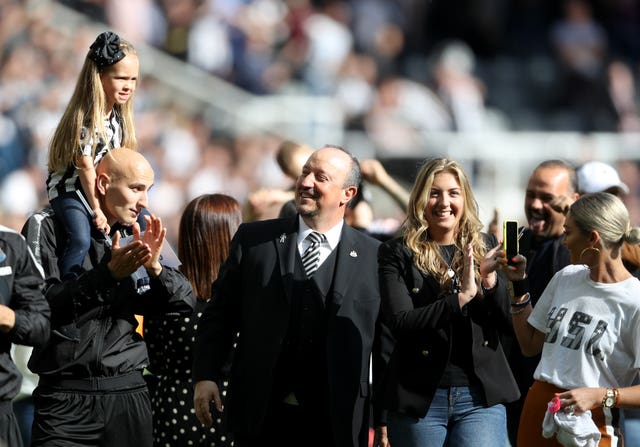 Newcastle manager Rafael Benitez (centre) and Jonjo Shelvey after securing a top-10 Premier League finish with a final-day victory over Chelsea