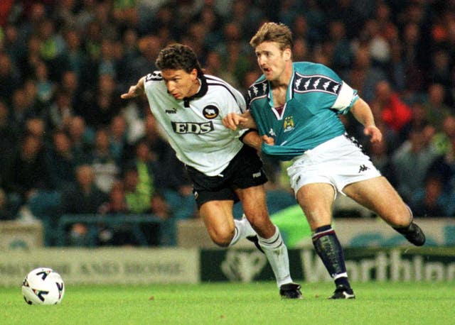 Jamie Pollock, right, scored a sensational own goal playing for Manchester City