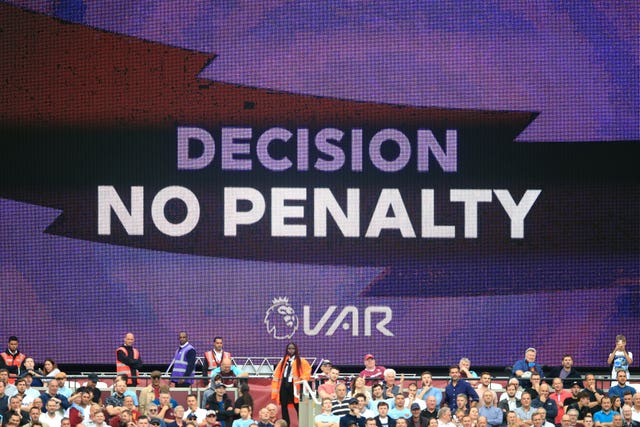 A VAR decision is displayed after West Ham appealed for a penalty during their home defeat to Manchester City