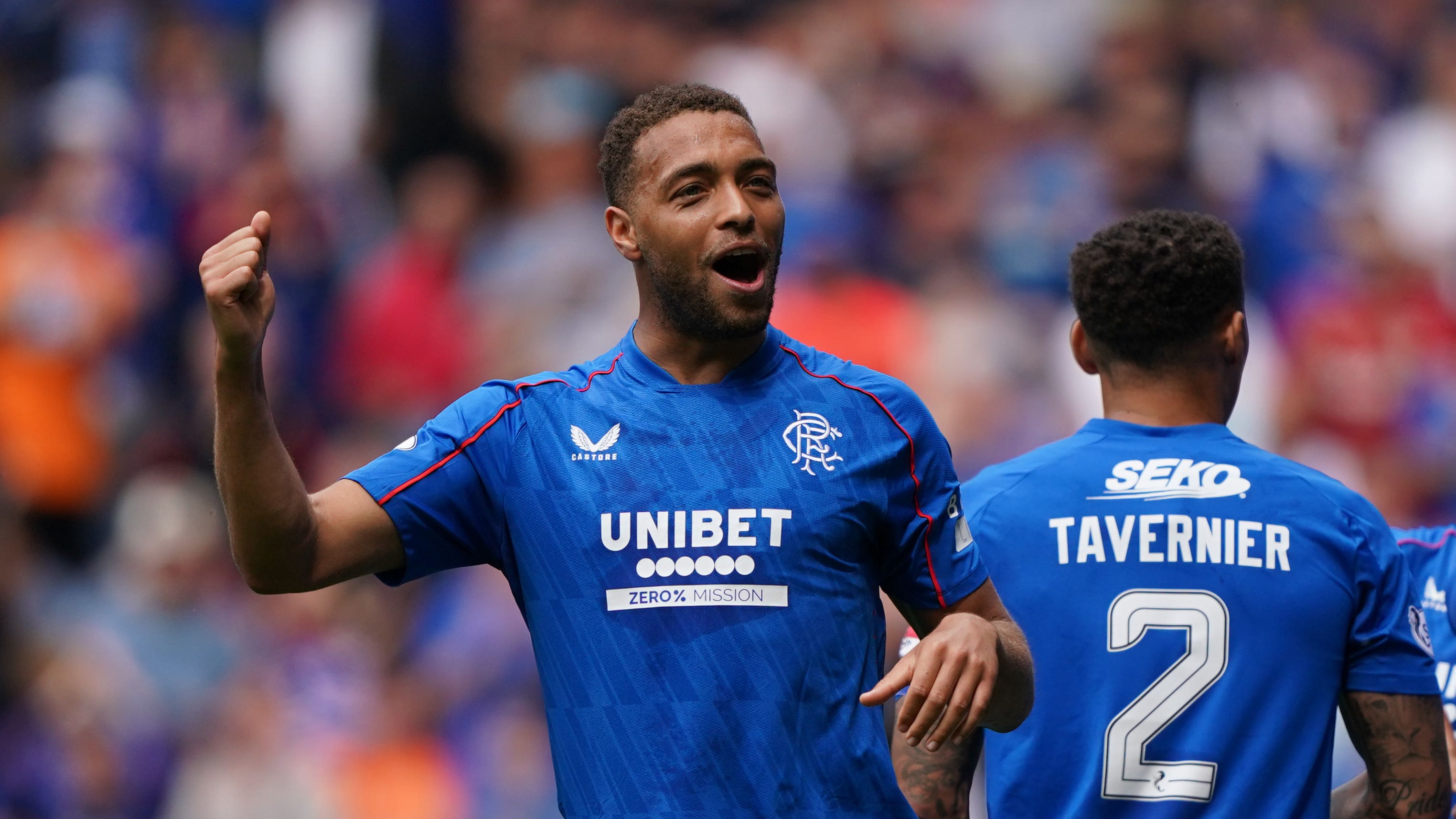 Rangers’ Cyriel Dessers celebrates scoring his side’s second goal against Aberdeen (Andrew Milligan/PA)