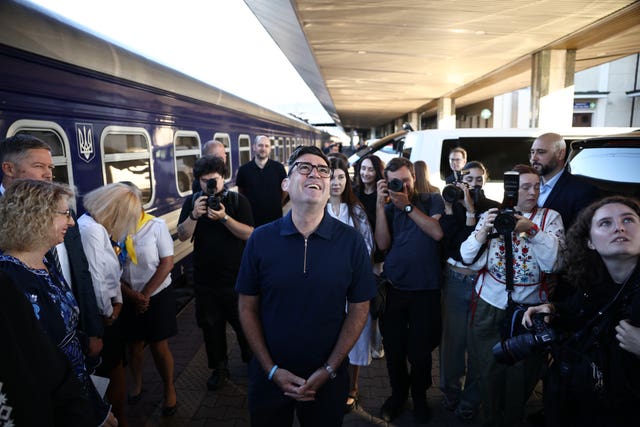 Andy Burnham arrives by train in Kyiv