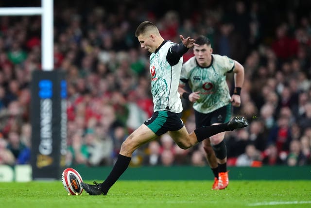 Ireland’s Sam Prendergast scores a penalty