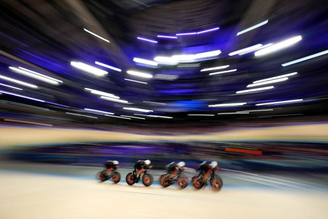 Britain’s Ethan Hayter, Oliver Wood, Charlie Tanfield and Ethan Vernon during the men's team pursuit at the National Velodrome