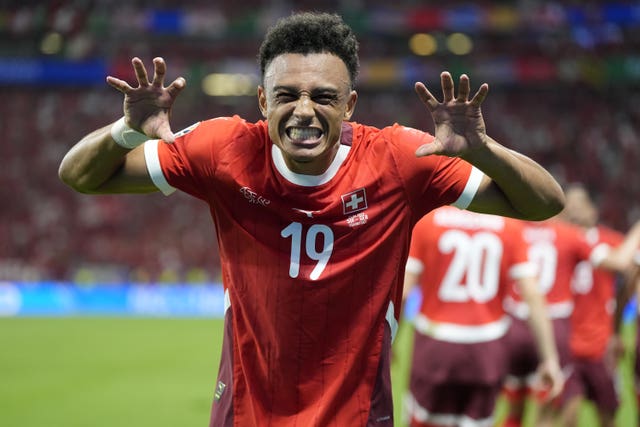 Switzerland’s Dan Ndoye celebrates scoring against Germany