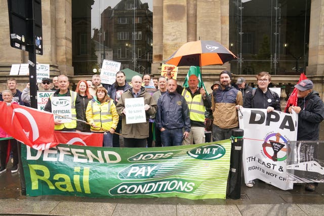 RMT general secretary Mick Lynch joins the picket line outside Newcastle Central station (Owen Humphreys/PA) 